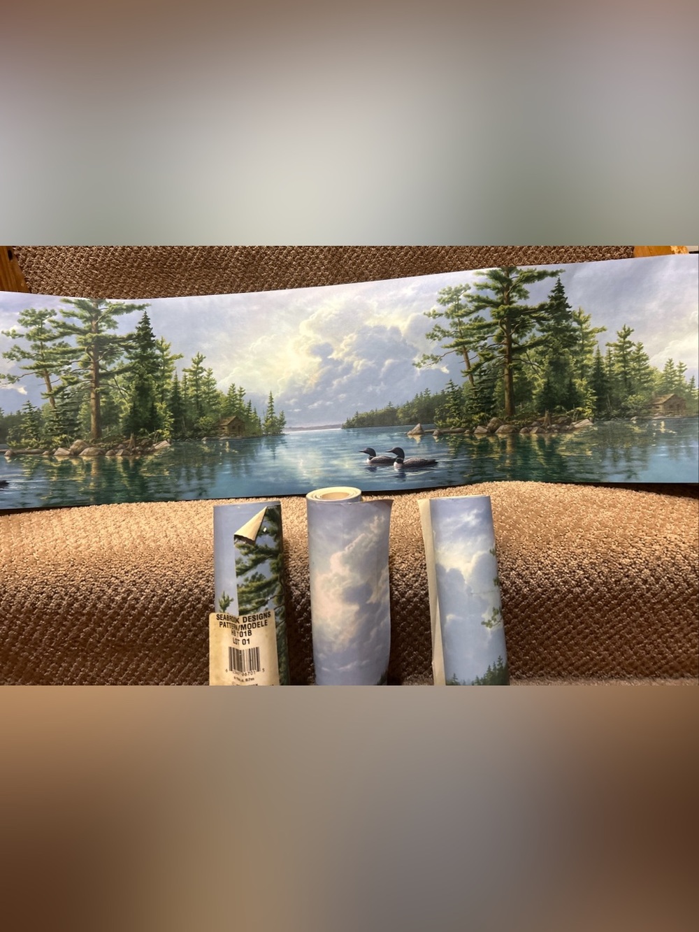 VTG 4 ROLLS SEABROOK DESIGNS CABIN LAKE WATER LOONS TREE WALLPAPER BORDER HB701B